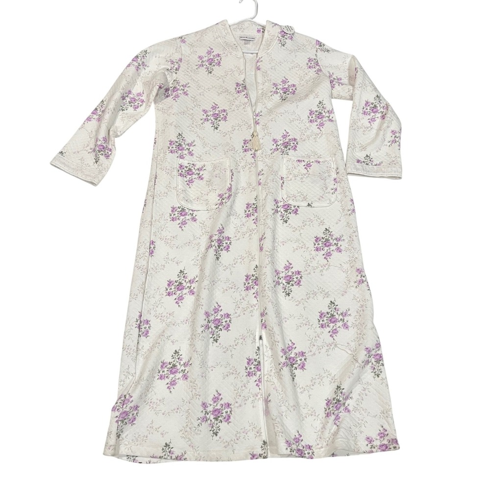 Miss Elaine Floral Quilted Zip Front Robe Long Sleeve Purple White‎ Small